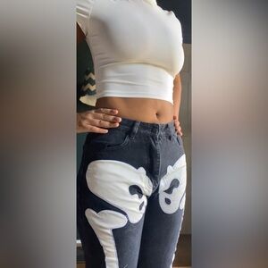 Skull bone streetwear black denim jeans